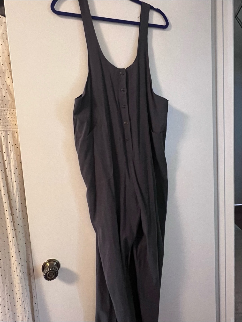 Dark Gray Cotton/Linen Button-Front Overalls